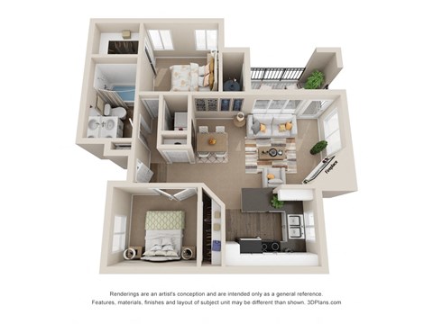 Floor plan for 2 beds, 1 bath, 968 sqft